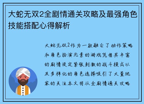大蛇无双2全剧情通关攻略及最强角色技能搭配心得解析